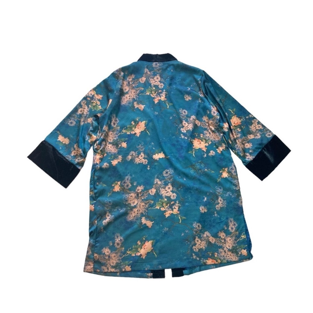 Kimono Ono Teal Floral Velvet Trim Long Kimono Robe - Picture 4 of 10